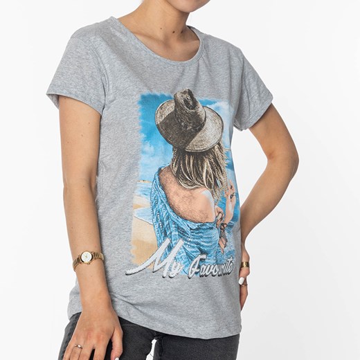 Szary damski t-shirt z kolorowym printem i brokatem - Odzież Royalfashion.pl XL - 42 royalfashion.pl