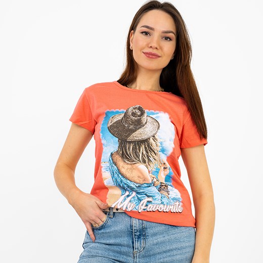 Koralowy damski t-shirt z kolorowym printem i brokatem - Odzież Royalfashion.pl XL - 42 royalfashion.pl