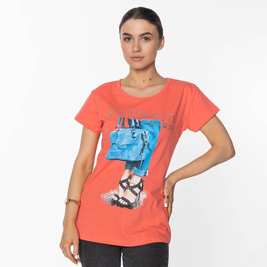 Koralowa damska koszulka z nadrukiem - Odzież Royalfashion.pl L - 40 royalfashion.pl