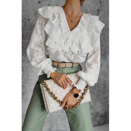 Biała koszula damska z falbanami i srebrną nitką SIMPLY CROWN M lafemmeboutique.pl