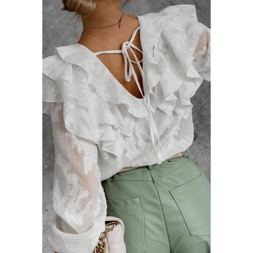 Biała koszula damska z falbanami i srebrną nitką SIMPLY CROWN L lafemmeboutique.pl