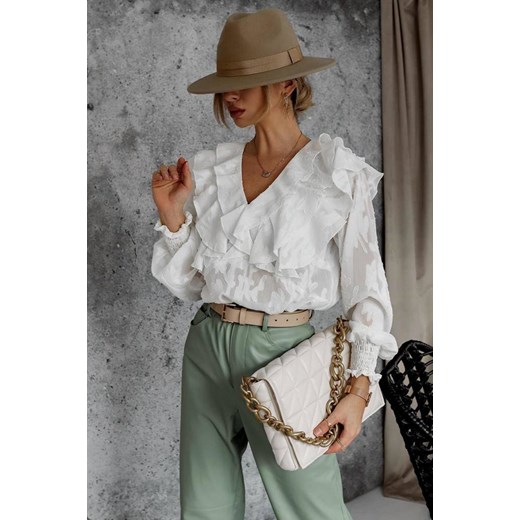 Biała koszula damska z falbanami i srebrną nitką SIMPLY CROWN L lafemmeboutique.pl