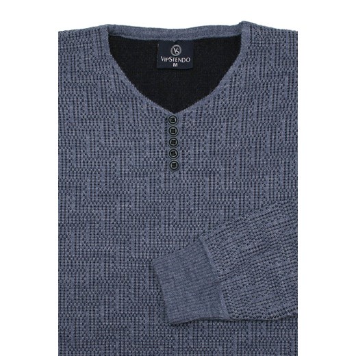 Sweter Wełniany Niebieski w Serek, z Guzikami, w Tłoczony Wzór, V-neck, Męski Vip Stendo L JegoSzafa.pl