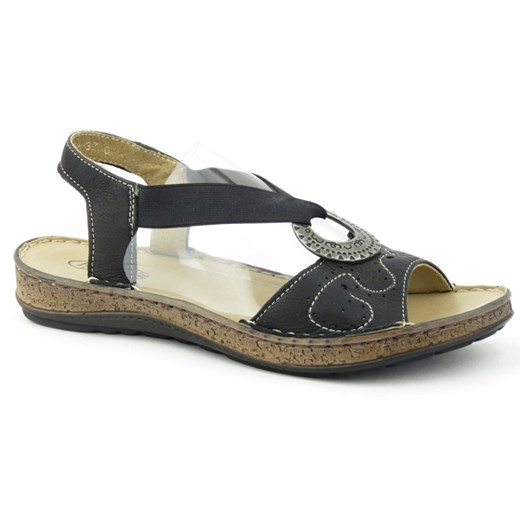 Skórzane sandały damskie z klamrą - Helios Komfort 672, czarne Helios Komfort 38 wyprzedaż ulubioneobuwie