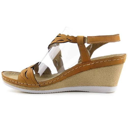 Skórzane sandały damskie na koturnie - HELIOS 268, jasnobrązowe ze sklepu ulubioneobuwie w kategorii Sandały damskie - zdjęcie 131138159