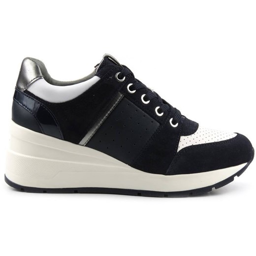 Sneakersy damskie na białym koturnie - Geox Respira D158LA, czarne Geox 41 okazyjna cena ulubioneobuwie