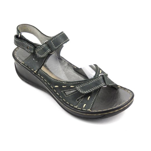 Skórzane sandały damskie na koturnie Helios 638-2, grafit Helios Komfort 38 promocyjna cena ulubioneobuwie