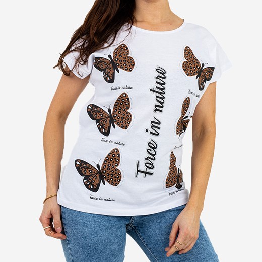 Biały damski t-shirt z nadrukiem w motyle PLUS SIZE - Odzież Royalfashion.pl XXL-44 royalfashion.pl