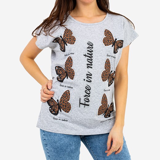 Szary damski t-shirt z nadrukiem w motyle PLUS SIZE - Odzież Royalfashion.pl XXL-44 royalfashion.pl