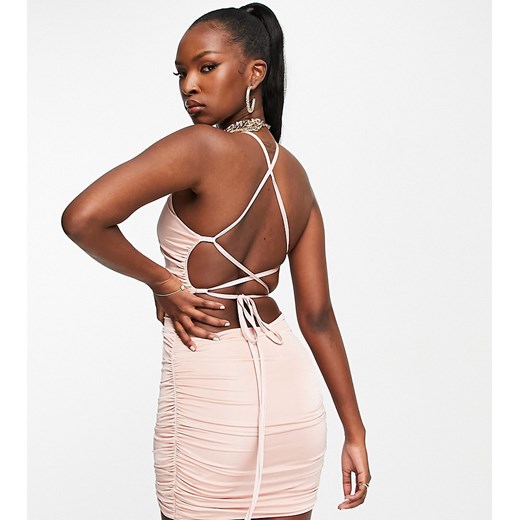 Missguided – Różowa obcisła sukienka mini z marszczeniami i wiązaniem na Missguided 32 Asos Poland