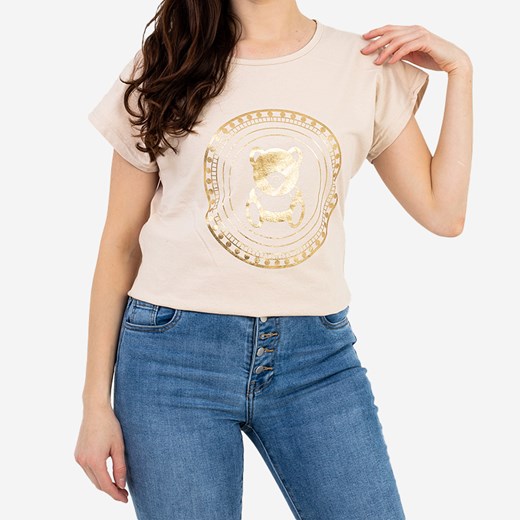 Beżowy damski t-shirt ze złotym nadrukiem z misiem PLUS SIZE - Odzież Royalfashion.pl 3XL-46 royalfashion.pl