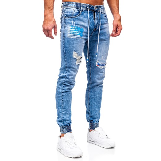 Niebieskie spodnie jeansowe joggery męskie Denley TF155 M promocyjna cena Denley