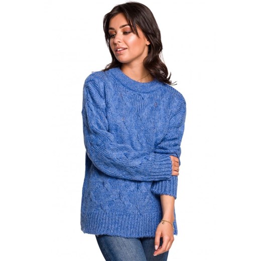 Sweter ze splotem typu warkocz - niebieski Be 40/42 (L/XL) okazyjna cena Jesteś Modna