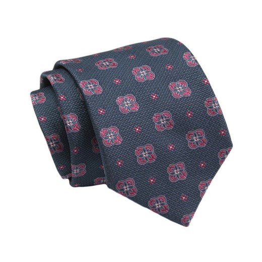 Klasyczny Krawat, Męski, Granatowy w Czerwony Kwiatki, 7cm -Angelo di Monti KRADM1886 ze sklepu JegoSzafa.pl w kategorii Krawaty - zdjęcie 132006969