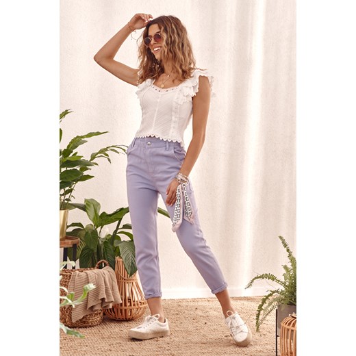Spodnie jeansowe z gumką w pasie liliowe 202001 XS fasardi.com