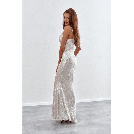Srebrna długa sukienka wieczorowa z cekinami 16276 XL fasardi.com