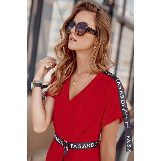 Taliowana sukienka z paskiem czerwona FI662 XL fasardi.com