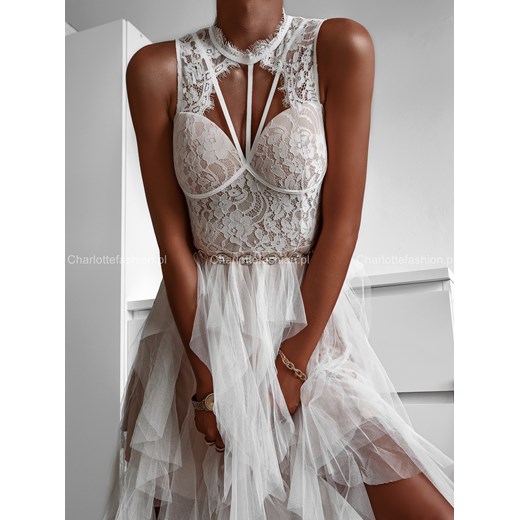 Sukienka tiulowa z gorsetem i ozdobnymi paskami na dekolcie ecru A1328 Charlotte Fashion S/36 Charlotte Fashion