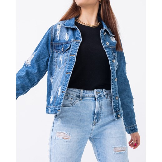 Niebieska damska kurtka jeansowa z przetarciami - odzież Royalfashion.pl XL - 42 royalfashion.pl