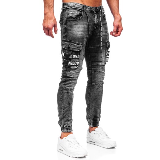 Czarne jeansowe joggery bojówki spodnie męskie slim fit Denley E9656 32/M okazja Denley