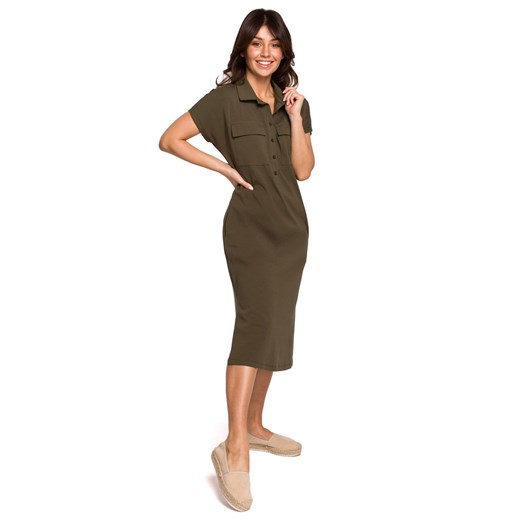 B222 Sukienka safari z kołnierzykiem - khaki ze sklepu Świat Bielizny w kategorii Sukienki - zdjęcie 133029568