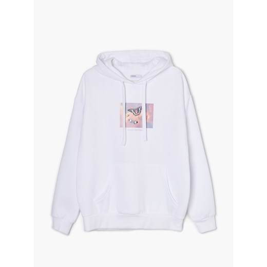 Cropp - Biała bluza z kapturem i nadrukiem - Biały Cropp XL Cropp