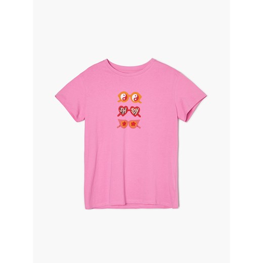 Cropp - Różowy t-shirt z nadrukiem - Różowy Cropp M Cropp