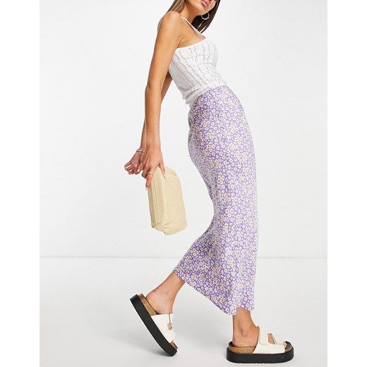Topshop – Liliowa spódnica midi ze skosu w żakardowy wzór w stokrotki-Fioletowy Topshop 34 Asos Poland