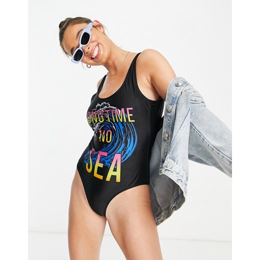 Brave Soul – Czarny strój kąpielowy z napisem „Long time no sea"-Black XS wyprzedaż Asos Poland