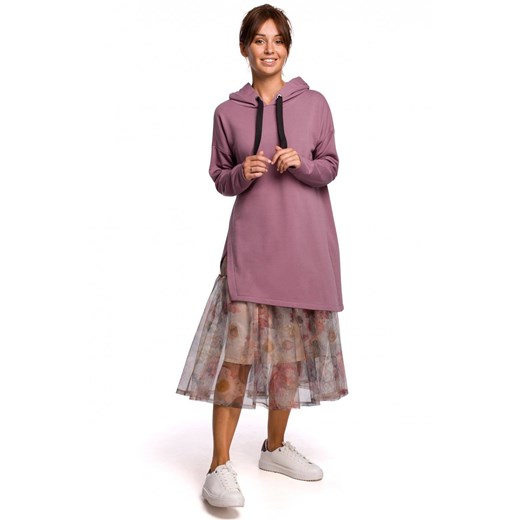 Hoodie długa bluza damska oversize z kapturem asymetryczna fioletowa Be XXL/3XL Sukienki.shop
