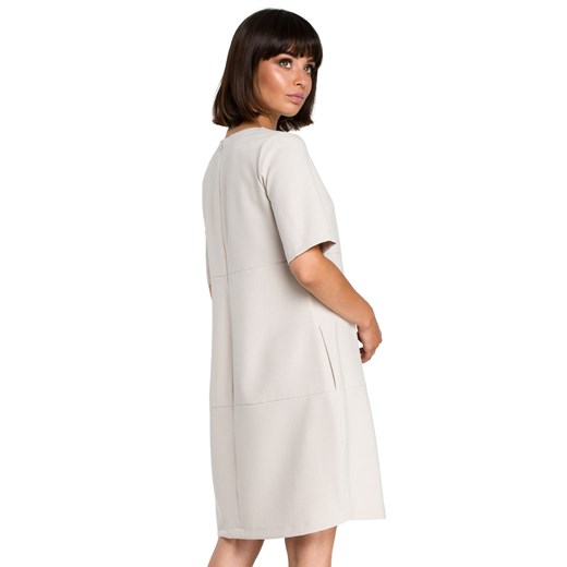 Swobodna sukienka na lato bombka oversize z dodatkiem lnu beżowa Be XL Sukienki.shop