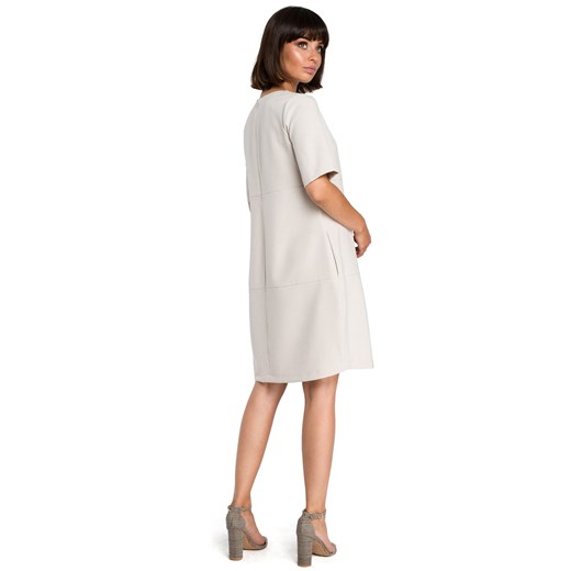Swobodna sukienka na lato bombka oversize z dodatkiem lnu beżowa Be M Sukienki.shop