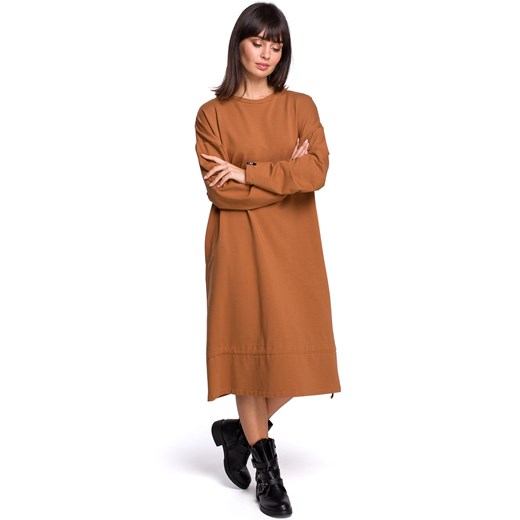 Bawełniana długa sukienka dresowa oversize brązowa Be S/M okazja Sukienki.shop