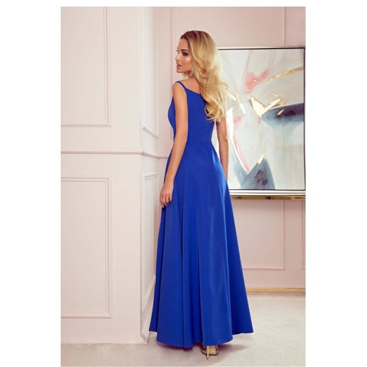 Długa sukienka na wesele rozkloszowana na ramiączkach niebieska Numoco XL Sukienki.shop