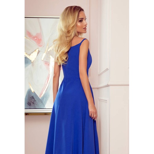 Długa sukienka na wesele rozkloszowana na ramiączkach niebieska Numoco XL Sukienki.shop