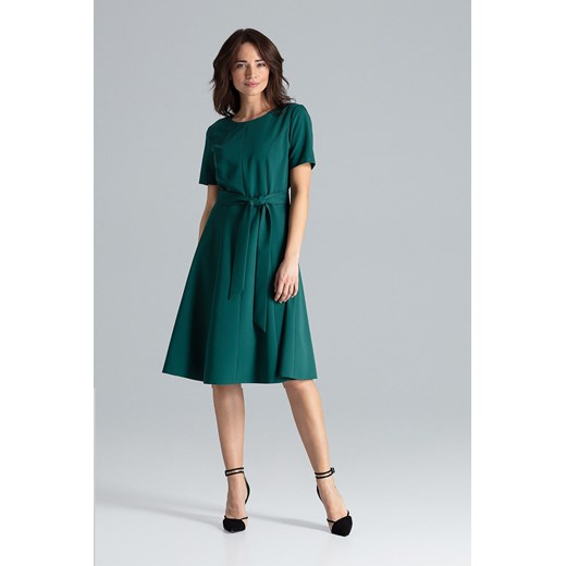 Trapezowa sukienka o klasycznym kroju z paskiem zielona Lenitif XL wyprzedaż Sukienki.shop