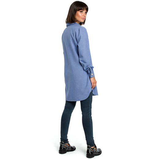 Długa koszula damska tunika oversize z kołnierzykiem niebieska Be L/XL Sukienki.shop