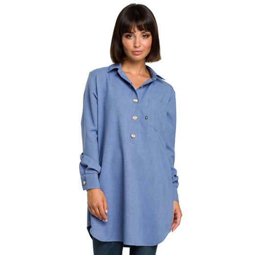 Długa koszula damska tunika oversize z kołnierzykiem niebieska Be S/M Sukienki.shop