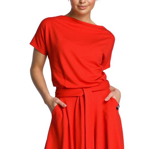 Rozkloszowana sukienka midi z paskiem w talii zbluzowana góra czerwona Be M Sukienki.shop