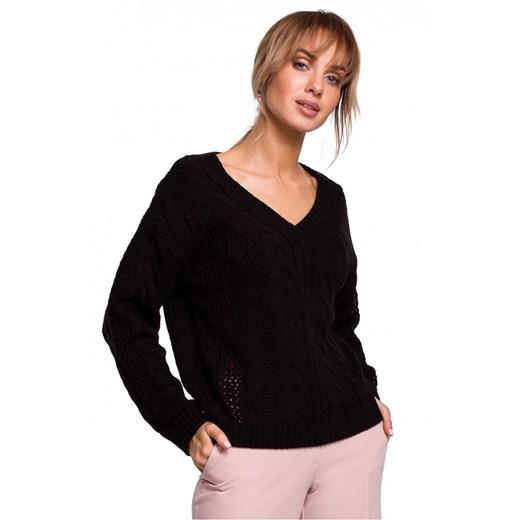 Lekki sweter damski ażurowy z dekoltem V splot w warkocz czarny L/XL Sukienki.shop