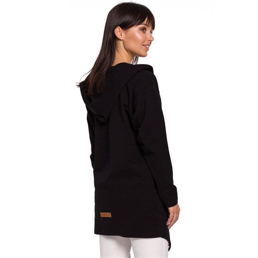 Hoodie długa bluza damska bez zapięcia z kapturem asymetryczna czarna Be S/M Sukienki.shop