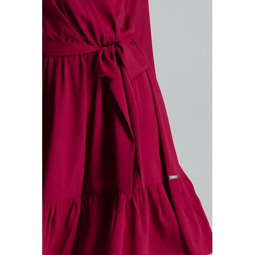 Rozkloszowana kopertowa sukienka midi z falbaną BOHO bordo Lenitif XL Sukienki.shop
