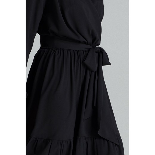 Rozkloszowana kopertowa sukienka midi z falbaną BOHO czarna Lenitif M Sukienki.shop