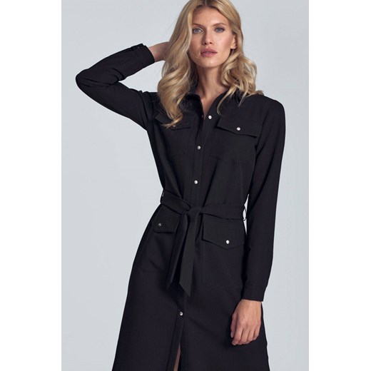 Koszulowa sukienka midi zapinana na zatrzaski czarna Figl S Sukienki.shop