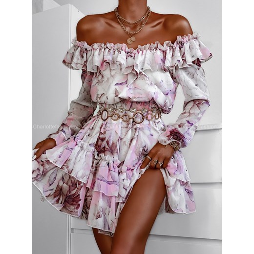 Sukienka hiszpanka ecru z wzorem w kwiaty A1349 Excellence ONE SIZE Charlotte Fashion