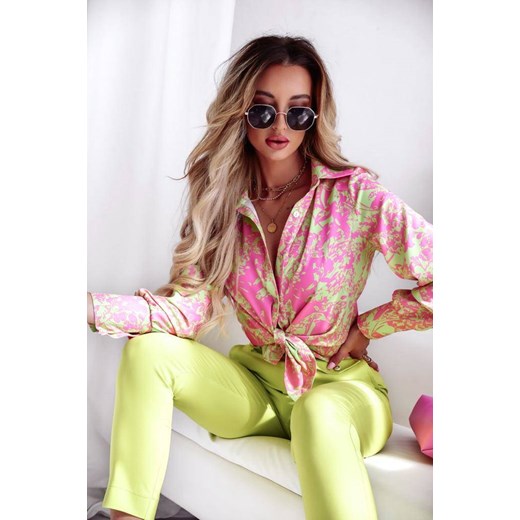 Różowo-limonkowa koszula damska w kwiatowy print LEMONE LADY M lafemmeboutique.pl