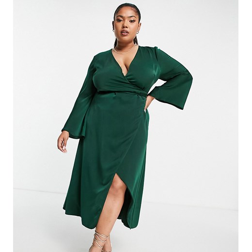 ASOS DESIGN Curve – Satynowa sukienka kopertowa ze skosu z wiązaniem w talii 56 Asos Poland