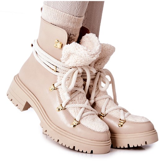 Lewski Shoes Skórzane Botki Trapery Wiązane Lewski Jasnobeżowe 3116 beżowy Lewski Shoes 38 wyprzedaż ButyModne.pl