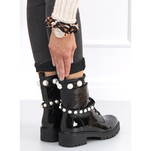 Lakierowane workery z perełkami Beni Black czarne 41 ButyModne.pl