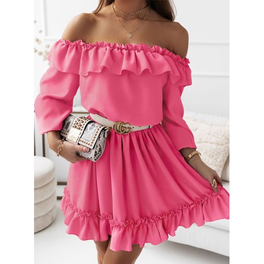 Sukienka hiszpanka z falbanką Koliraa - różowy neon - różowy neon Pakuten S/M okazyjna cena pakuten.pl